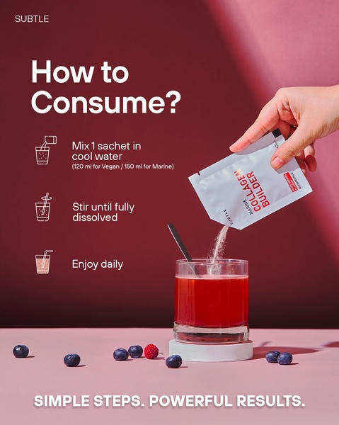 A clean 4:5 vertical ad creative showing the exact steps to mix and consume a marine collagen supplement.